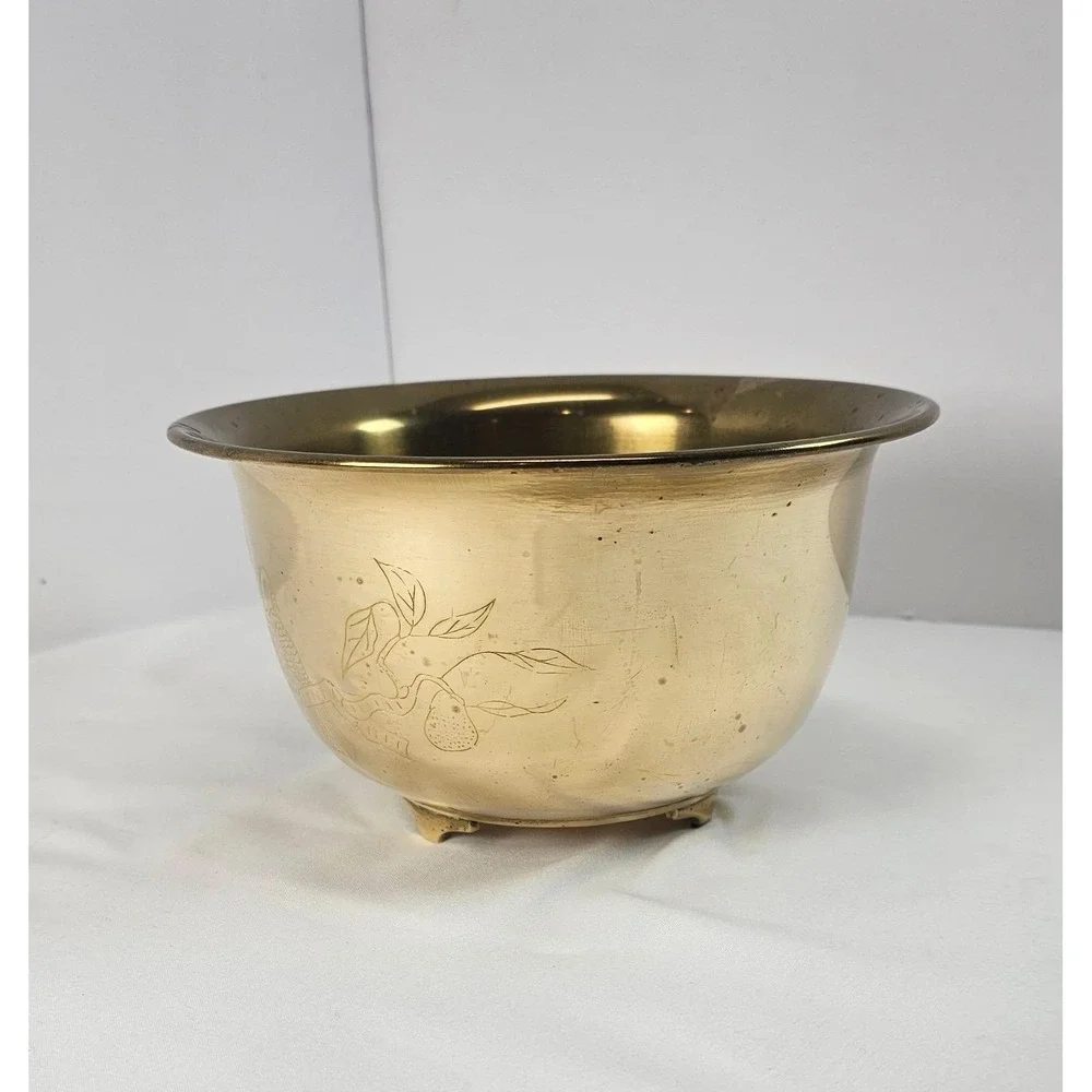 Vintage Brass Bowl Etched Bird Fruit Footed Planter Cachepot Hong Kong 7in Decor